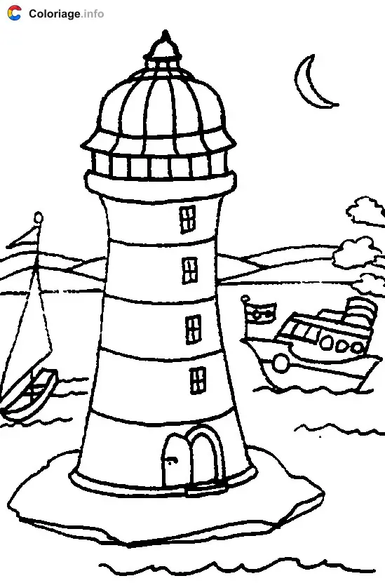 Coloriage Phare avec la lune - Phares à imprimer