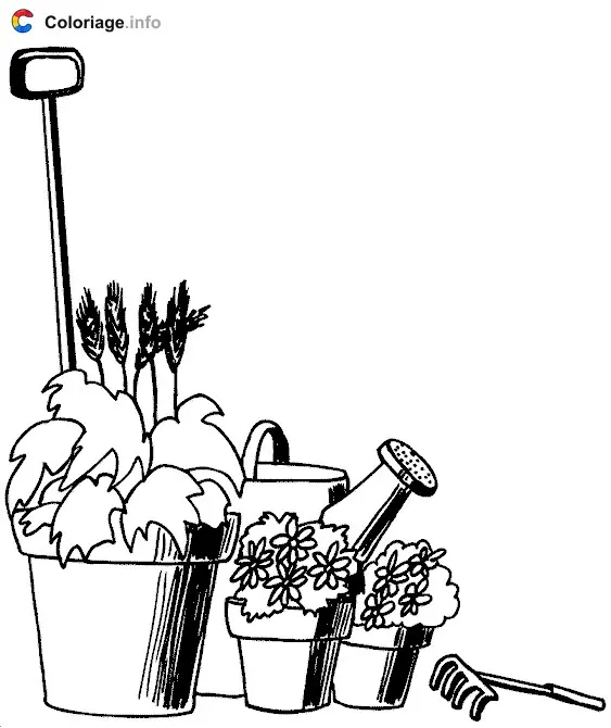 Coloriage Plantes et ustensiles de jardinage - Jardin à imprimer