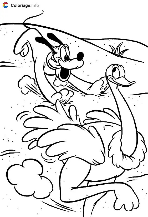 Coloriage Pluto court après une autruche - Autruche à imprimer