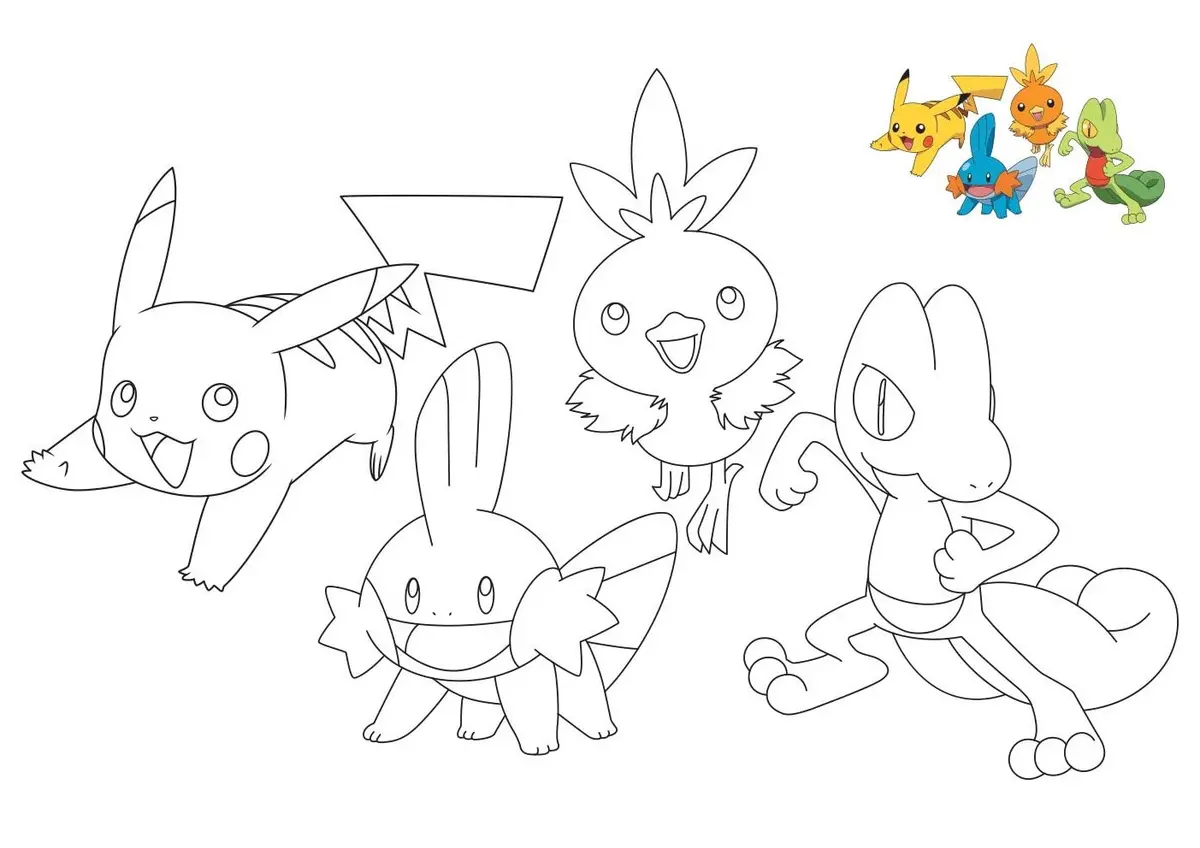 Pikachu, Treecko, Torchic, and Mudkip coloring page to print