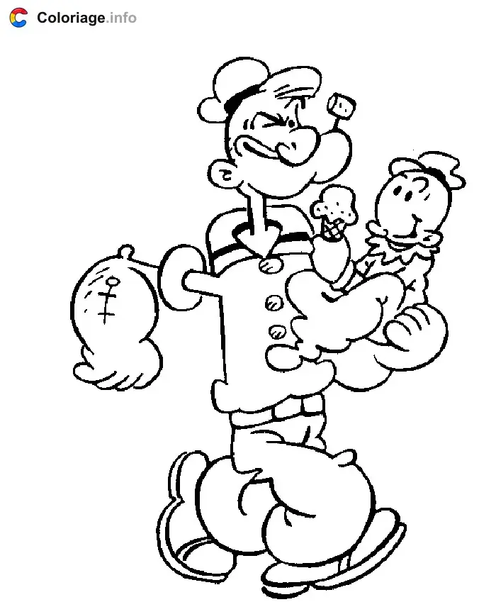 Coloriage Popeye porte un bébé dans ses bras - Popeye à imprimer