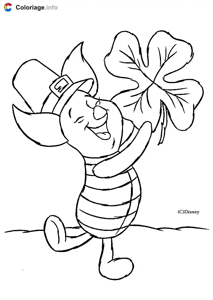 Coloriage Porcinet avec un trèfle à quatre feuilles - Porcinet à imprimer