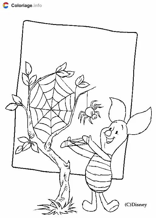 Coloriage Porcinet joue avec une araignée - Porcinet à imprimer
