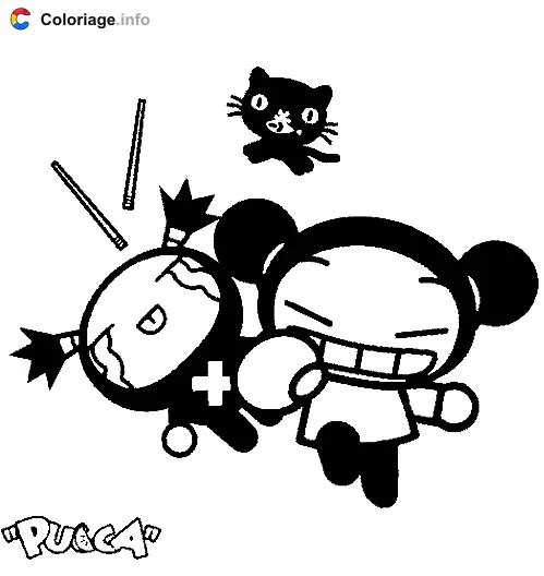 Coloriage Pucca, Garu et le chat Mio - Pucca à imprimer