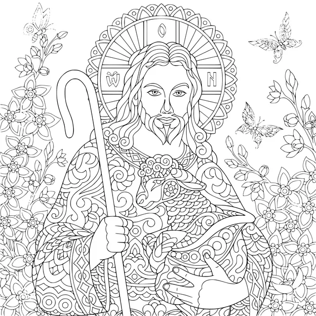 Coloriage Religieux Pâques Jesus Christ Avec Un Agneau Portrait De Christian Biblique Adulte - Pâques à imprimer