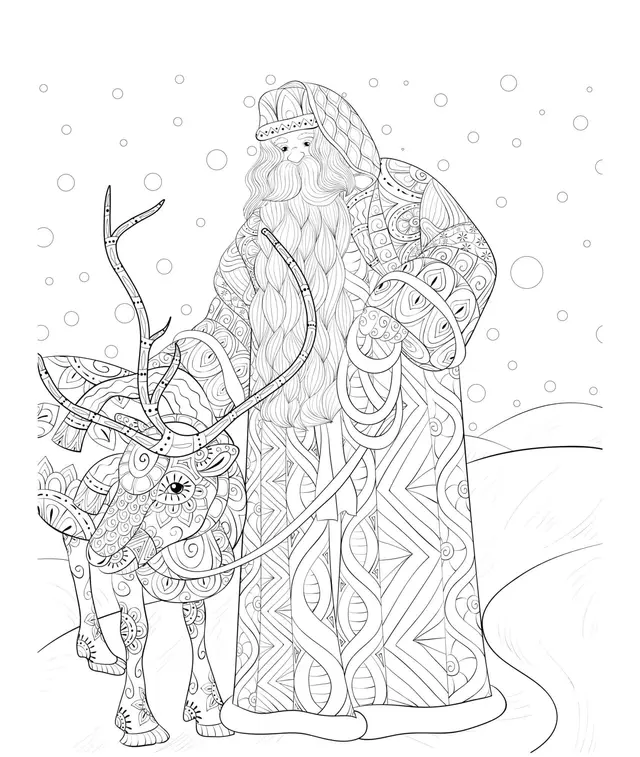 Coloriage Renne De Noël Et Père Noël Sous Un Paysage De Neige Fabuleux Mandala Zen - Noël adulte à imprimer