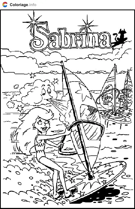 Coloriage Sabrina planche à voile - Sabrina, l'apprentie sorcière à imprimer