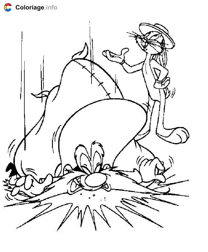 Coloriage Sam est écrasé par un sac à cause de Bugs Bunny - Sam le Pirate à imprimer