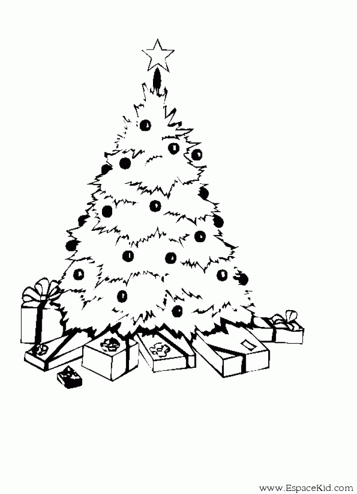 Coloriage Sapin de Noël illuminé avec cadeaux sous les branches - Sapin Noël à imprimer
