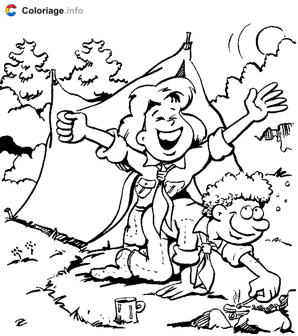 Coloriage Scout tente et feu de camp - Scout à imprimer