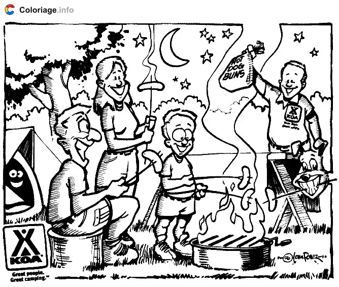 Coloriage Soirée barbecue au camping - Camping à imprimer