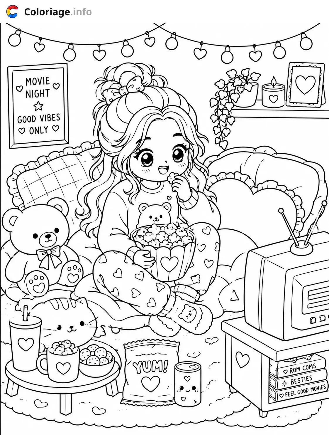Coloriage Soirée cinéma cosy en famille - Cozy à imprimer
