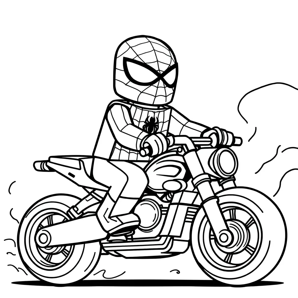 Kleurplaat Spidey op zijn motor om te printen