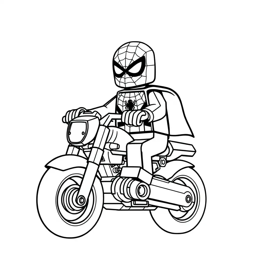 Kleurplaat Spidey op zijn klassieke LEGO motor om te printen