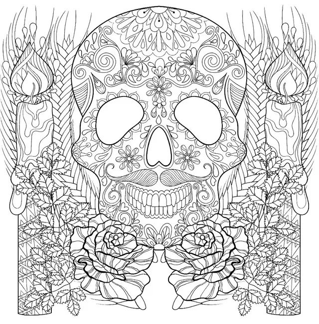 Coloriage Squelette Et Chandelles Halloween Adulte - Squelette à imprimer