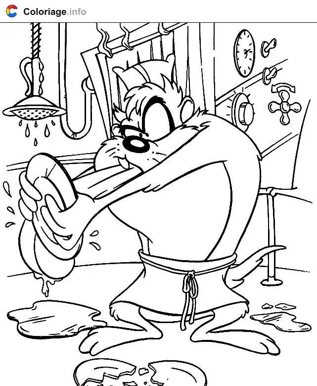 Coloriage Taz lave la vaisselle - Taz à imprimer