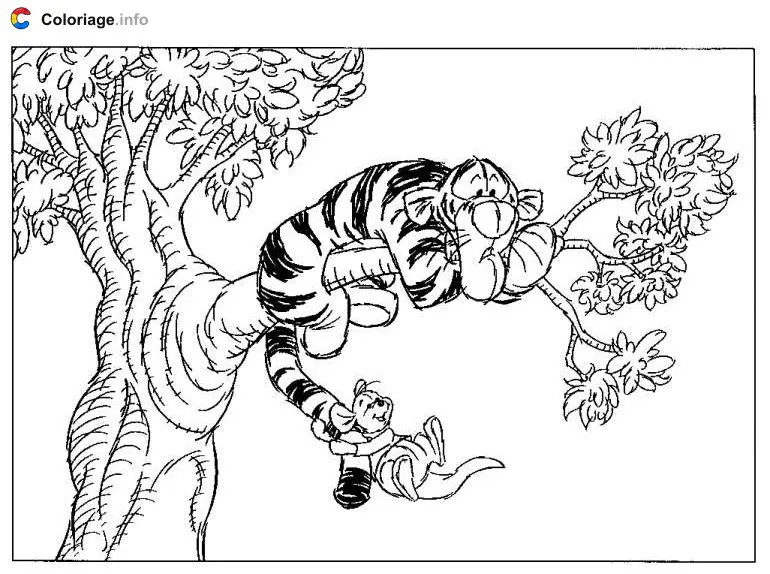 Tigger Scared on a Branch coloring page to print