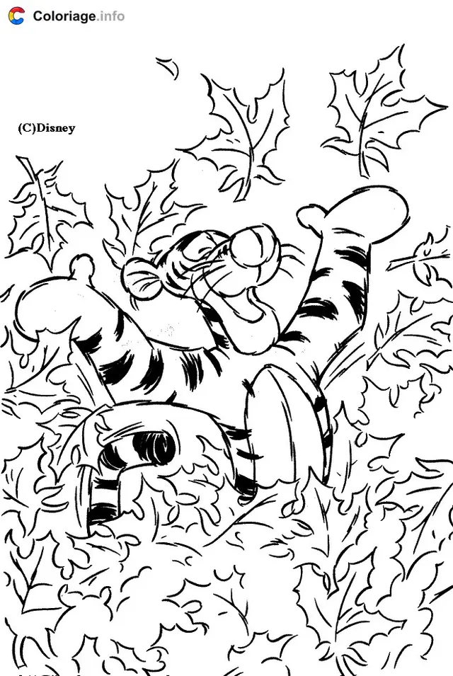 Coloriage Tigrou s'amuse dans les feuilles - Tigrou à imprimer