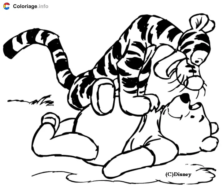 Tigger Bouncing on Winnie the Pooh's Belly coloring page to print
