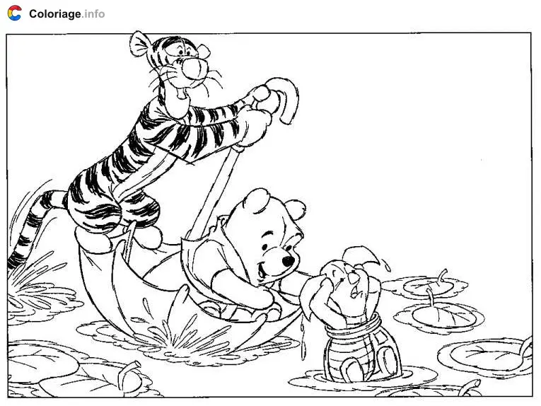 Tigger Uses an Umbrella as a Boat coloring page to print