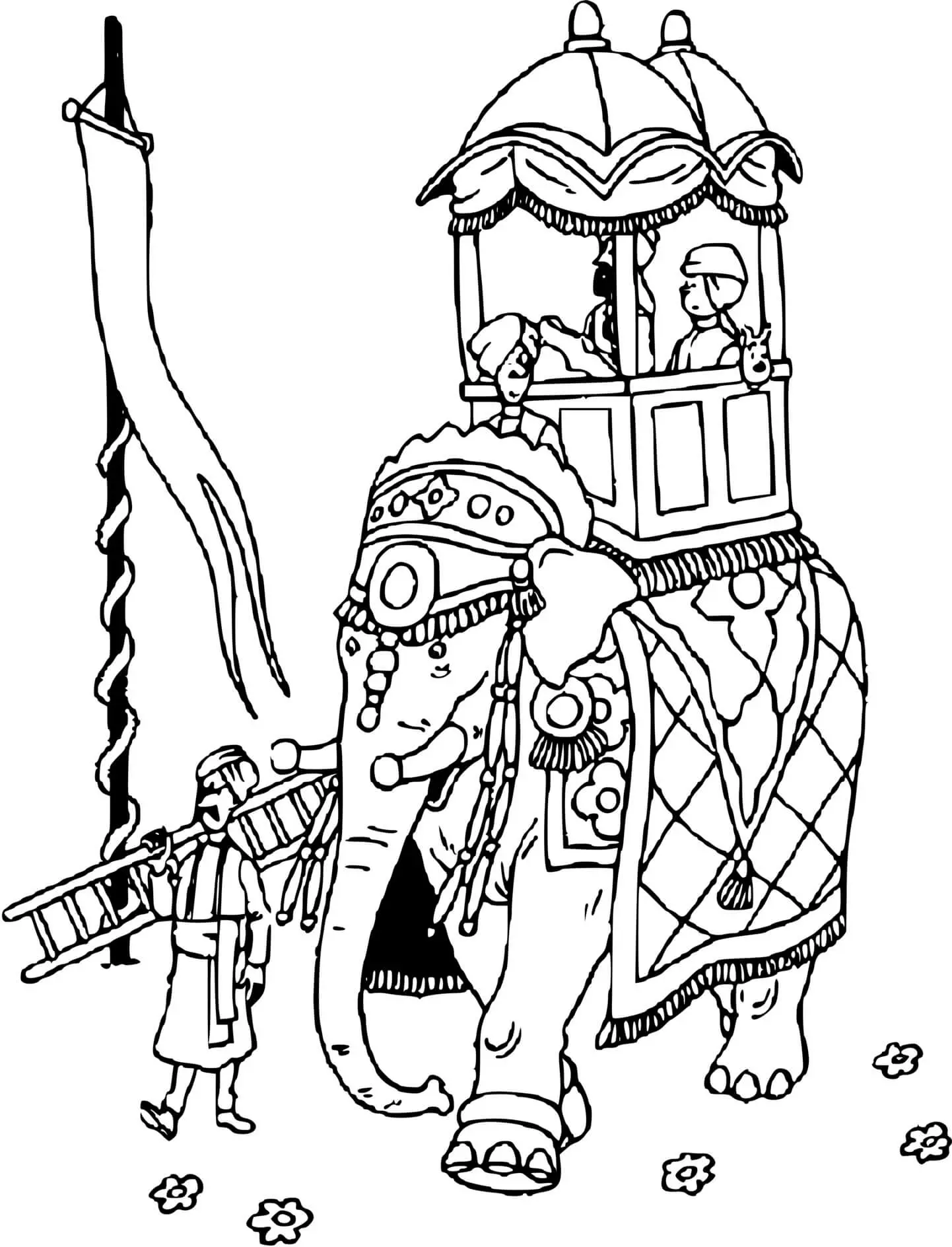 Coloriage Tintin En Inde Sur Le Dos De Éléphant - Tintin à imprimer