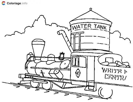 Coloriage Train au charbon fait une halte pour récupérer de l'eau - Train à imprimer