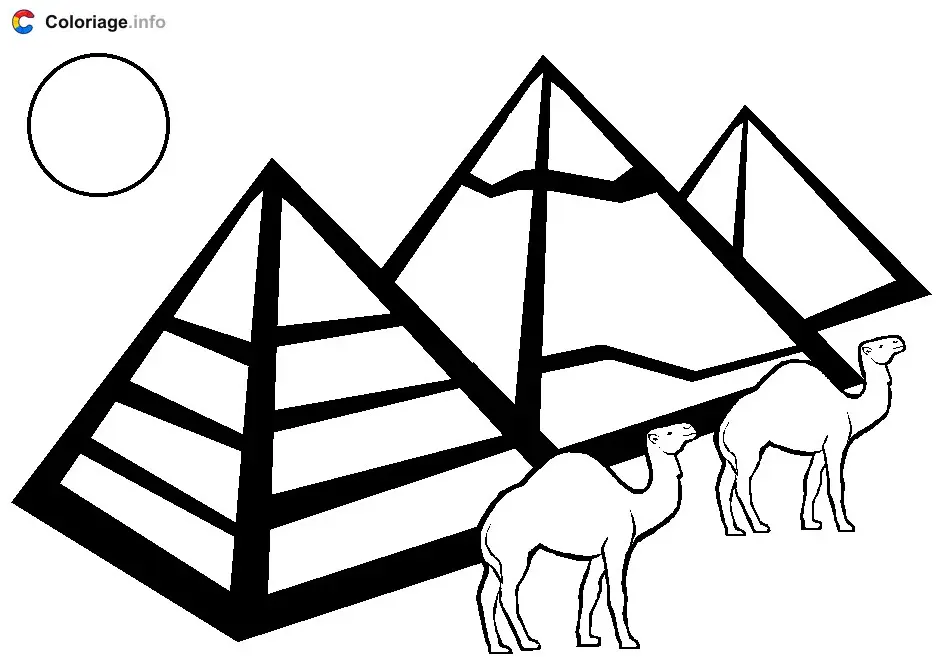 Coloriage Trois pyramides et 2 dromadaires - Chameau à imprimer