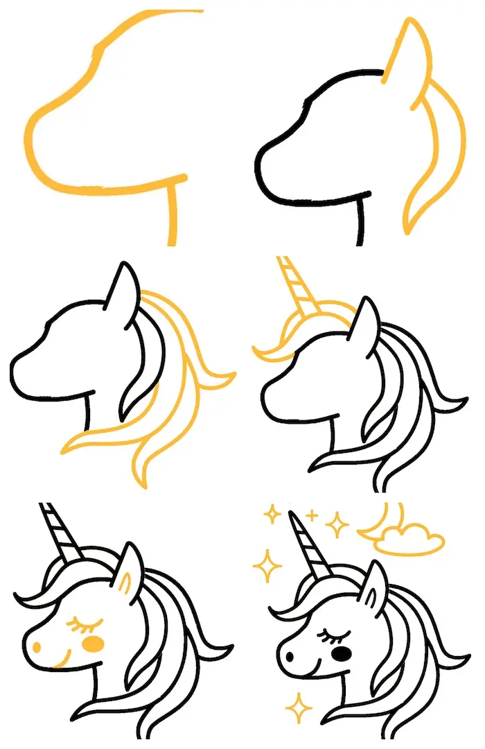 Coloriage Tête de Licorne Kawaii aux Étoiles - Licorne à imprimer