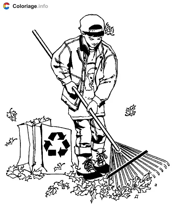 Coloriage Un adolescent ramasse des feuilles mortes - Jardin à imprimer