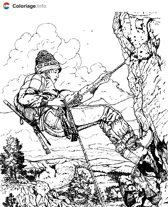 Coloriage Un alpiniste sur le flanc d'une montagne - Alpinisme à imprimer