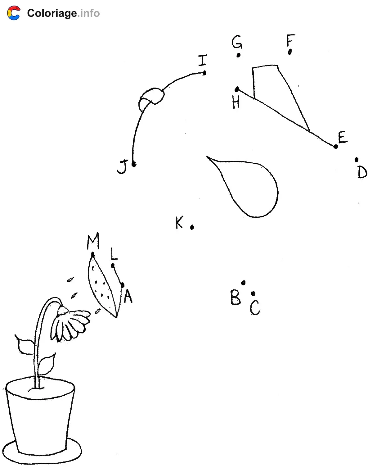 Coloriage Un arrosoir qui verse de l'eau sur une plante verte - Points a relier à imprimer