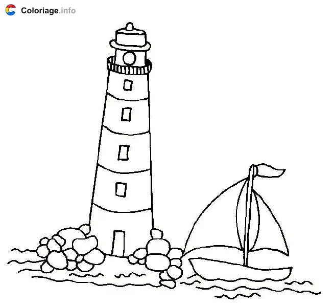 Coloriage Un bateau à côté du phare - Phares à imprimer