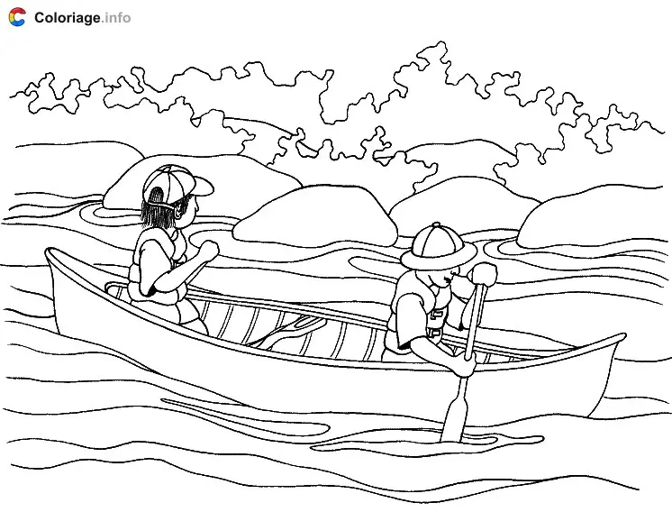 Coloriage Un canoé descend une rivière - Canoë Kayak à imprimer