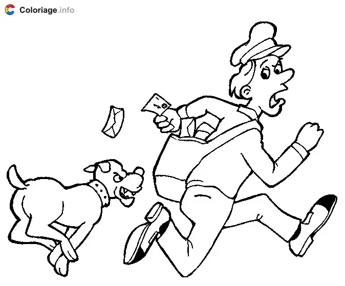 Coloriage Un chien poursuit le facteur pour le mordre - Facteur à imprimer