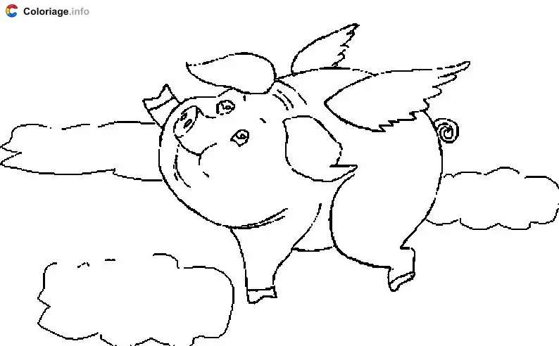 Coloriage Un cochon avec des ailes dans le ciel - Cochons à imprimer