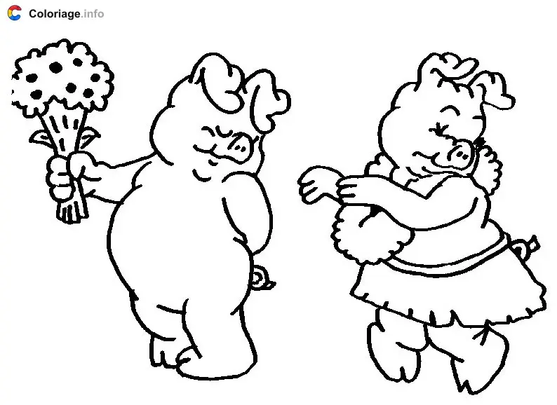 Coloriage Un cochon avec des fleurs pour sa truie - Cochons à imprimer