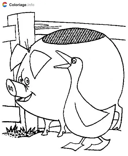 Coloriage Un cochon avec une oie - Cochons à imprimer
