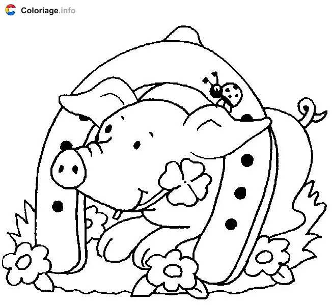Coloriage Un cochon et grand fer à cheval - Cochons à imprimer