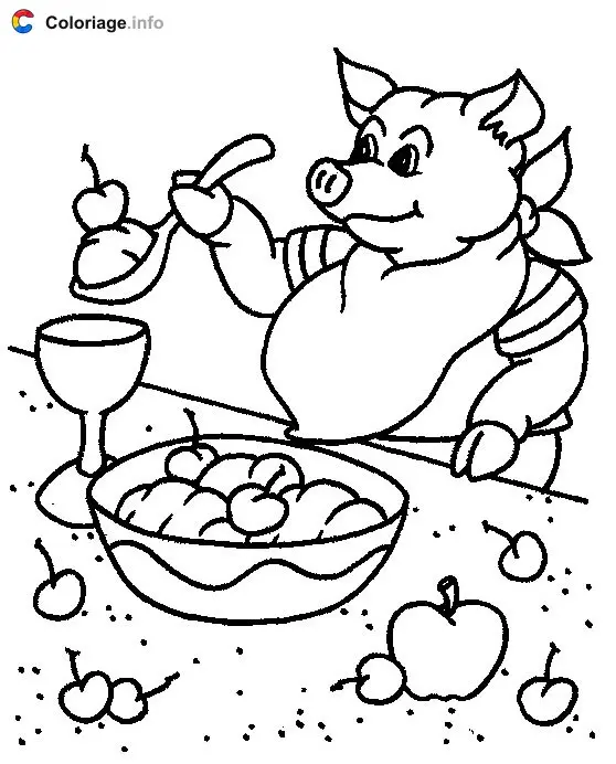 Coloriage Un cochon qui mange à table - Cochons à imprimer
