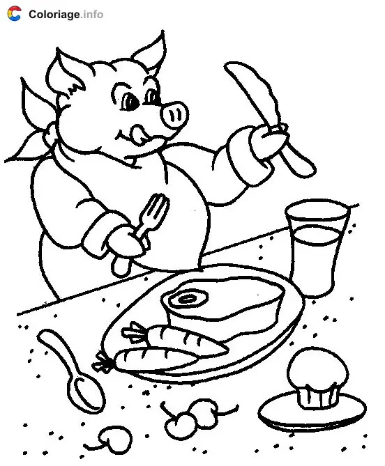Coloriage Un cochon qui mange du bœuf - Cochons à imprimer