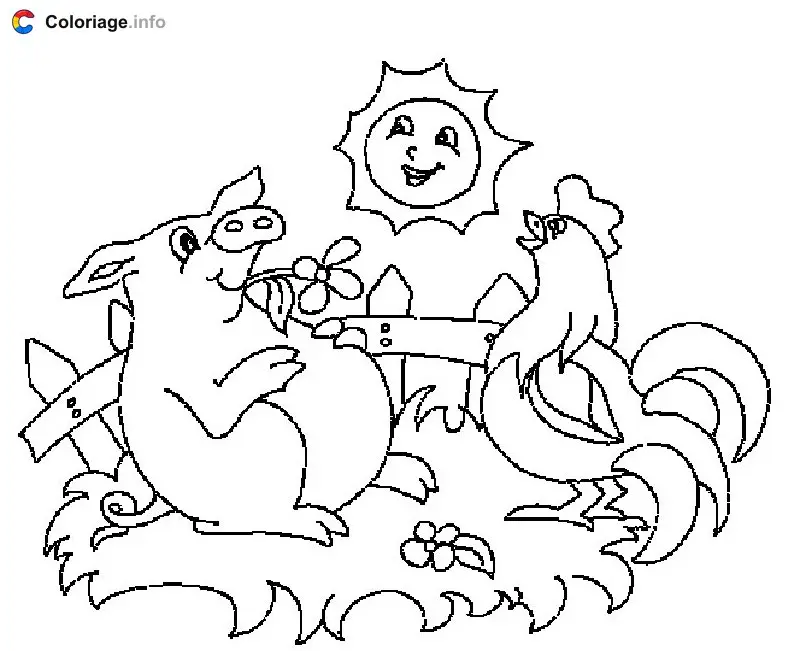 Coloriage Un cochon un coq et le soleil - Cochons à imprimer