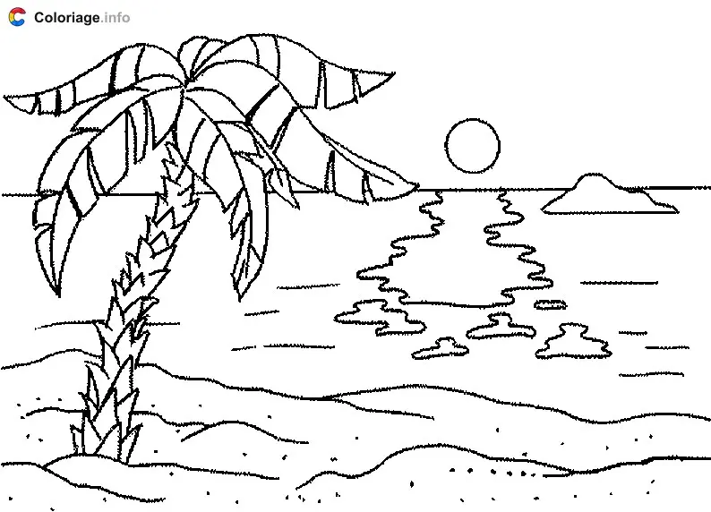 Coloriage Un coucher de soleil vu depuis une plage - Île déserte à imprimer