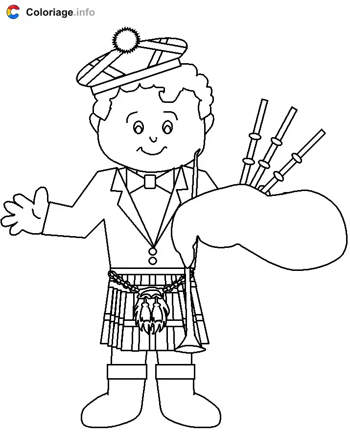 Coloriage Un enfant écossais avec la tenue traditionnelle - Écosse à imprimer
