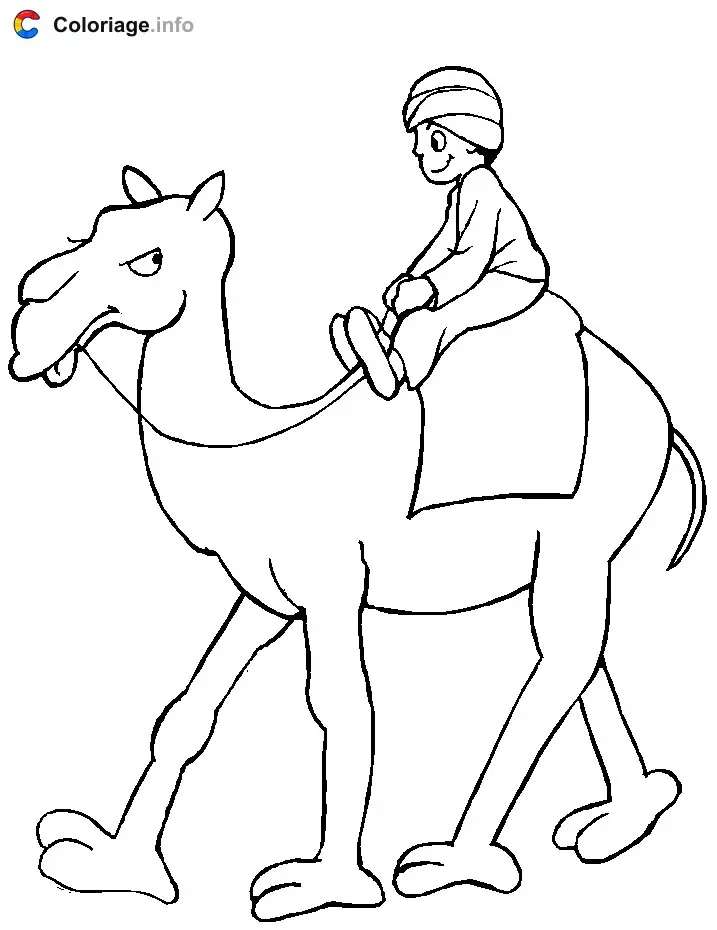 Coloriage Un enfant sur le dos d'un dromadaire - Chameau à imprimer