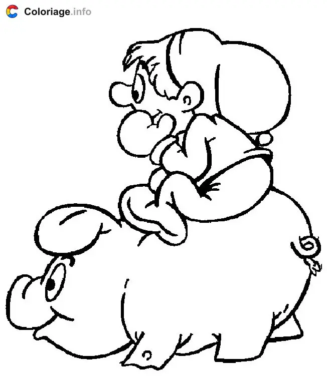 Coloriage Un enfant sur un cochon - Cochons à imprimer
