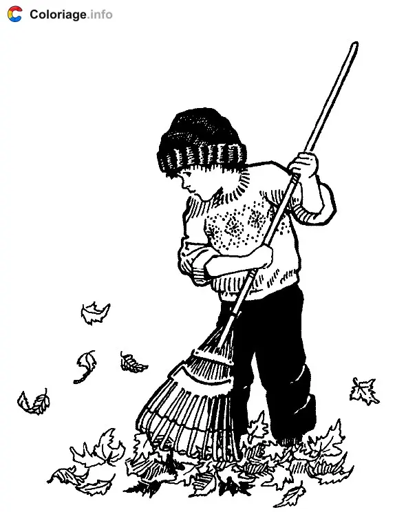 Coloriage Un garçon qui ramasse des feuilles - Jardin à imprimer