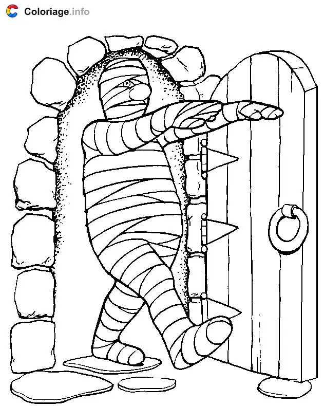 Coloriage Un homme sort de sa maison en momie pour fêter Halloween - Momie à imprimer