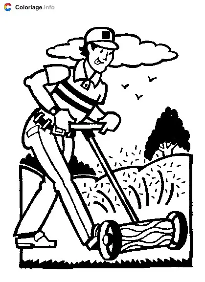 Coloriage Un homme tond la pelouse - Jardin à imprimer