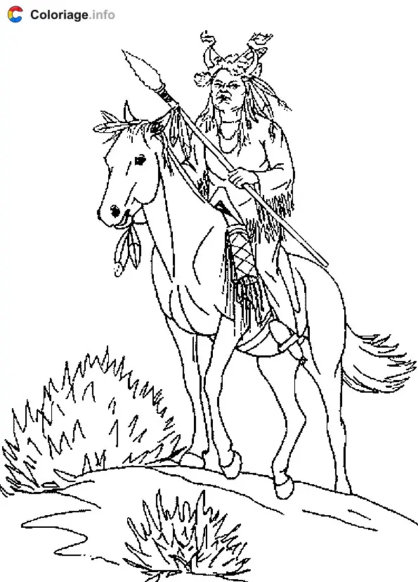 Coloriage Un Indien à cheval - Indiens à imprimer