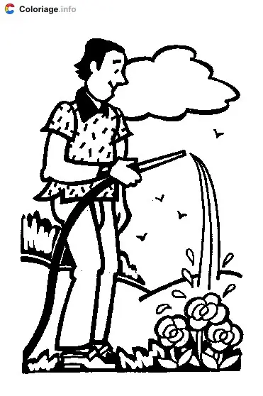 Coloriage Un jardinier arrose des fleurs avec un jet d'eau - Jardin à imprimer